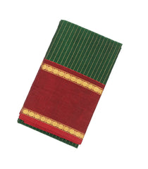 Dark Green Handloom Kanchi Cotton Saree With Zari Stirpes & Maroon Border