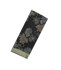Black Woven Art Linen Saree With Printed Floral Motifs and olive Green Border-BL4675