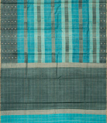 Turquoise Handloom Tussar Silk Saree With Checks & Printed Floral Motifs-TU2797