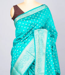 Turquoise Woven Art Tussar Silk Saree With Floral Motifs-BL4630