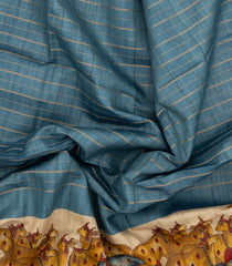 Steel Blue Woven Tussar Silk Saree With Stripes & Printed Pichwai Motifs-TU3169
