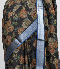 Black Woven Art Linen Saree With Printed Floral Motifs and  Blue border-BL4678