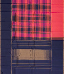 Peach & Navy Handloom Korvai Kanchipuram Silk Saree With Checks-KA13008