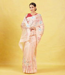 Light Peach Handloom Tussar Silk Saree With Printed Bird Motifs