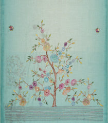 Turquoise Woven Linen Saree With Embroidered Tree Motifs-LI0753