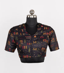 Black Readymade Tussar Silk Blouse With Worli Embroidery & Chinese Collar-RB5250