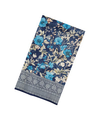 Navy Blue Handloom Silk Saree With Printed Floral Motifs-PS0760