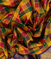 Multi Colour Handloom Korvai Kanchipuram Silk Saree With Checks & Buttas-KA13302