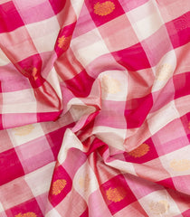 White & Pink Handloom Silk Cotton Saree With Checks & Zari Buttas-SC4613