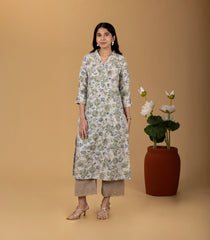 Off-White & Green Floral Printed Kurta-KR0874