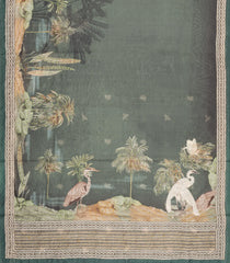 Dark Green Printed Art Dupion Saree With Floral Motifs-BL6132