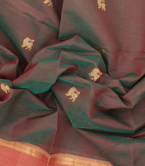 Dark Grey Handloom Silk Cotton Saree With Yazhi Buttas & Contrast Border-SC3991