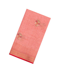 Peach Embroidered Linen Saree With Floral Motifs-LI0765