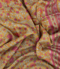 Beige Printed Silk Saree With Floral Motifs & Contrast Border-PS0791