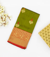 Leafy Green Handloom Banarasi Silk Saree With Meena Floral Buttas