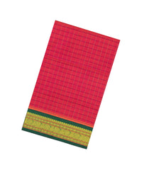 Red Handloom Korvai Silk Cotton Saree With Checks & Contrast Border-SC4511