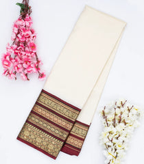 White Handloom Kanchipuram Korvai Silk Saree With Contrast Border