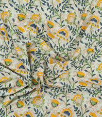 Yellow Printed Jaipur Cotton Saree With Printed Floral Vine Motifs-JC1937