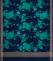 Dark Blue Printed Chanderi Cotton Saree With Zari Border-CC1689