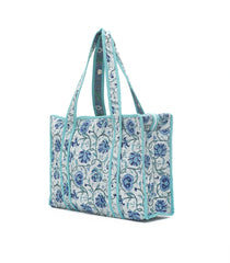 Off White Bagru Printed Handmade Cotton Quilted Tote Bag With Zipper-ACS1041