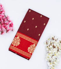 Maroon Handloom Banarasi Silk Saree With Floral Buttas & Red Border