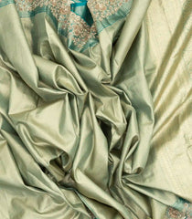 Aquamarine Handloom Silk Saree With Floral Motifs & Hand Embroidered Border-EN1735
