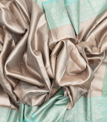 Taupe Woven Synthetic Tissue Saree With Floral Motifs & Blue Border-BL4344