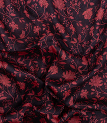 Black Handloom Linen Saree With Printed Red Floral Motifs-LI0785