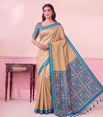 Beige Printed Synthetic Kotha SIlk Saree With Zari Stripes & Printed Pallu-SY0625