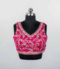 Pink Embroidered Blended Raw Silk Readymade Sleeveless Blouse RB5201