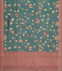 Dark Green Printed Tussar Silk Saree With Kalamkari Motifs-TU3637