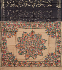 Black Handloom Tussar Silk Saree With Printed Floral Motifs & Madhubani Pallu-TU2806