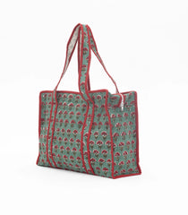 Green Bagru Printed Handmade Cotton Quilted Tote Bag With Zipper-ACS1046