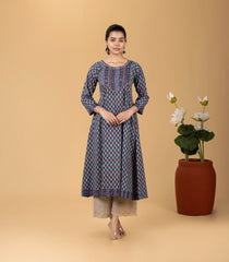 Indigo Blue & Red Printed Kurta-KR0843