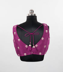 Purple Embroidered Blended Raw Silk Readymade Sleeveless Blouse RB5207
