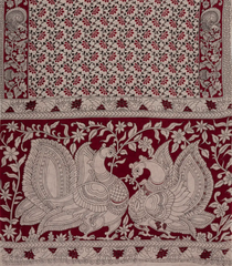 Taupe Woven Kalamkari Cotton Saree With Crimson Printed Motifs-KAL1160