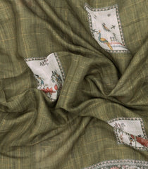 Green Printed Art Linen Saree With Zari Checks-BL6072