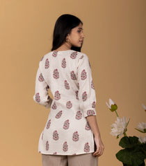 Beige & Pink Floral Printed Short Kurti Top: KR0842