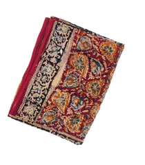 Burgundy Woven Kalamkari Cotton Saree With Printed Floral Vine Motifs