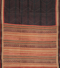 Black Handloom Tussar Silk Saree With Printed Chevron Motifs-TU2706