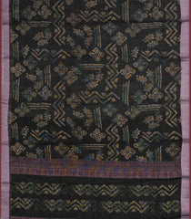 Black Woven Art Linen Saree With Printed Floral Motifs and  Magenta Border-BL4677