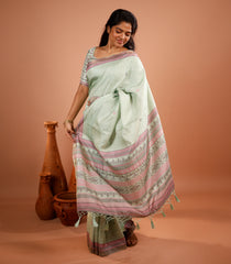 Cardamom Green Printed Synthetic Tussar Silk Saree With Zari Checks -SY0496