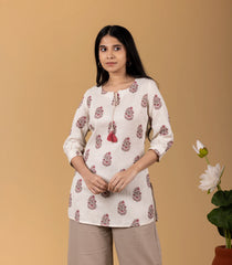 Beige & Pink Floral Printed Short Kurti Top: KR0842