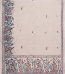 Off White Printed Art Linen Saree With Madhubani Motifs-SY0596