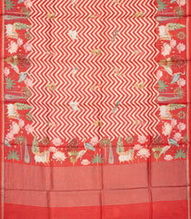 Red Handloom Tussar Saree With Printed Chevron & Animal Motifs-TU3063