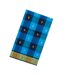 Blue & Sky Blue Handloom Silk Cotton Saree With Checks & Zari Buttas-SC4607