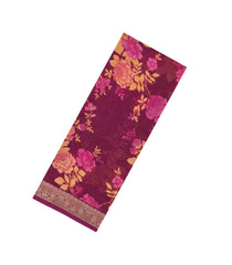 Burgundy Printed Chanderi Cotton Saree With Zari Border-CC1690