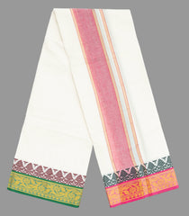 Cream 9 x 5 Cotton Dhoti With Green And Pink Floral Border-CD1508