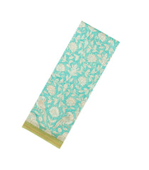 Aquamarine Printed Chanderi Cotton Saree With Peacock Motifs-CC1726