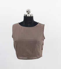 Taupe Brown Sleeveless Boat-Neck Cotton Blouse-RB5231
